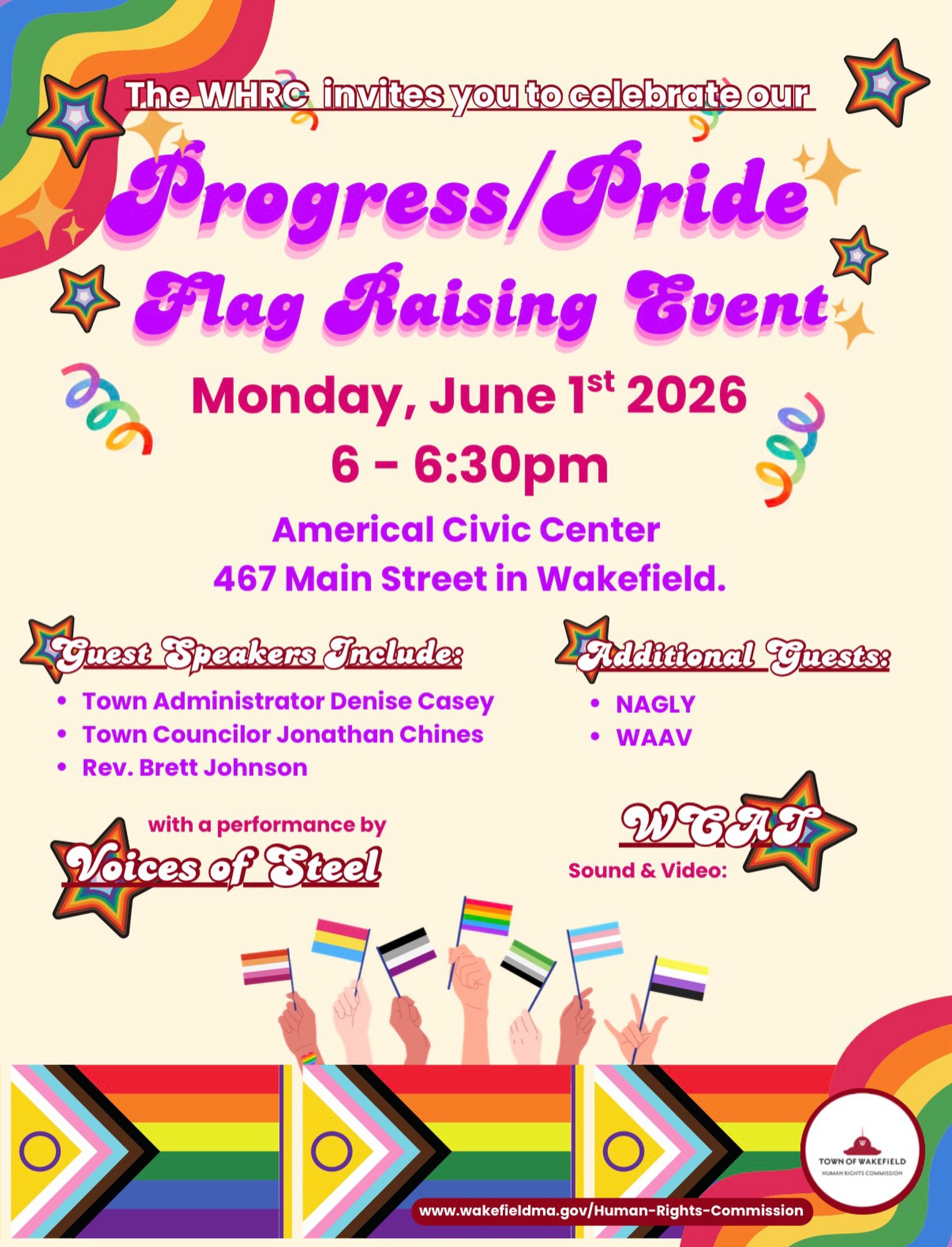A colorful flyer announces the Flag Raising Progress/Pride Event on June 1, 2026, at the Americal Civic Center in Wakefield, listing speakers, guest organizations, a band performance, and vibrant rainbow-themed graphics.