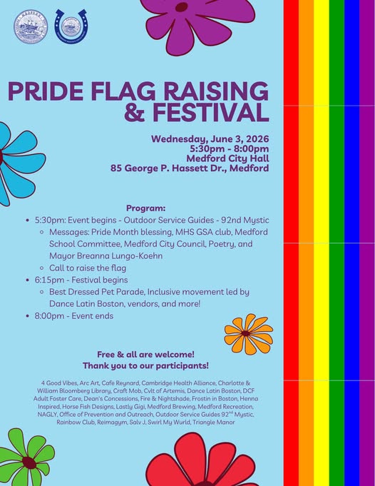 Event flyer for the Medford Pride Flag Raising & Festival at Medford City Hall on June 3, 2026, featuring event details, rainbow borders, and colorful flower graphics set against a blue background.