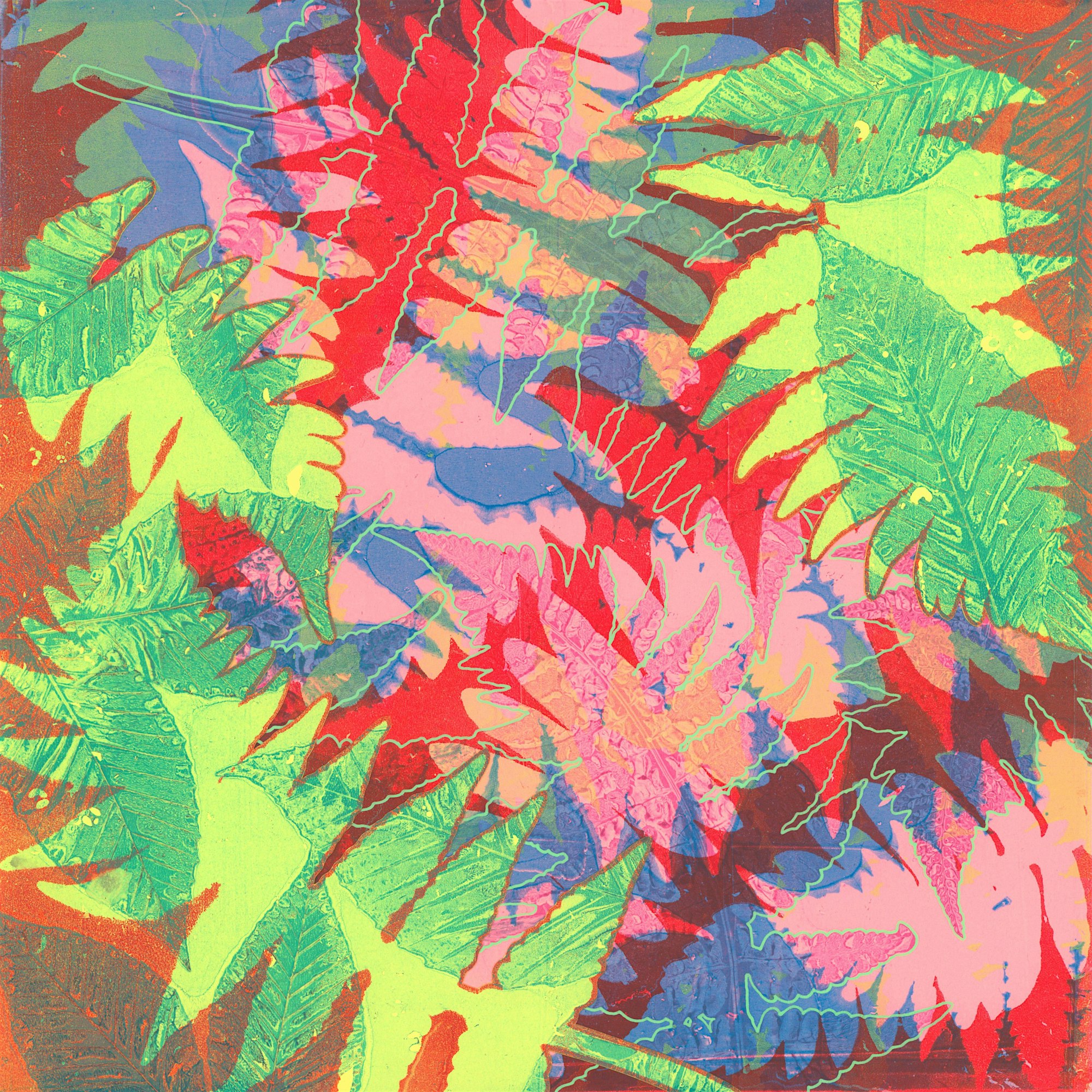 A vibrant, abstract artwork features overlapping fern leaves in bright red, pink, green, blue, and orange colors with textured patterns. The leaves are layered, creating a sense of depth and visual complexity.