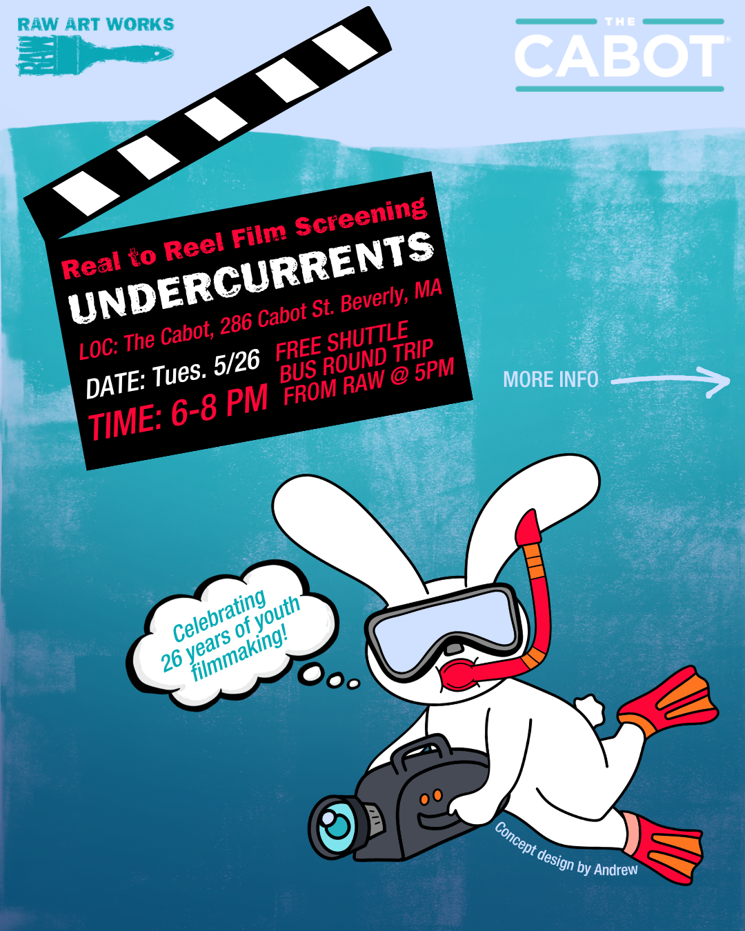 Event poster for "Real to Reel Film Screening: UNDERCURRENTS" at The Cabot, Beverly, MA, on 5/26, 6-8 PM. Celebrate Essex County youth filmmaking—cartoon scuba-diving rabbit with a camera marks 26 creative years.