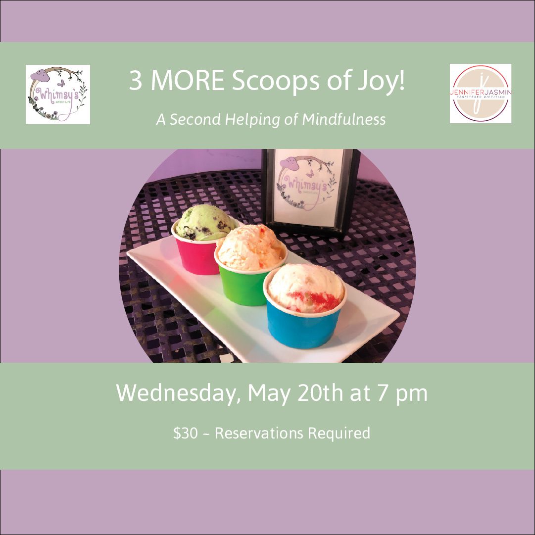 A promotional graphic for an event titled "3 MORE Scoops of Joy!" in Essex County shows three small cups of ice cream on a white tray, with CCE Nightlife event details, including date, time, cost, and reservation requirement.