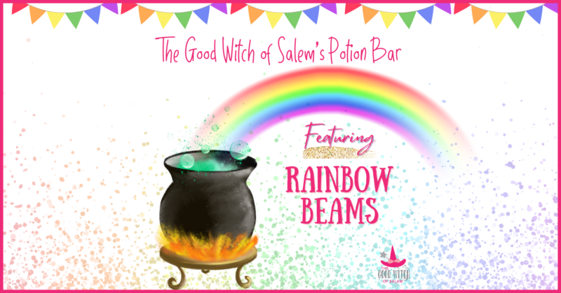 A black cauldron with green liquid sits over a fire, with a rainbow arching above it. Text reads “The Good Witch of Salem’s Potion Bar featuring Rainbow Beams.” Colorful bunting and confetti decorate the background.