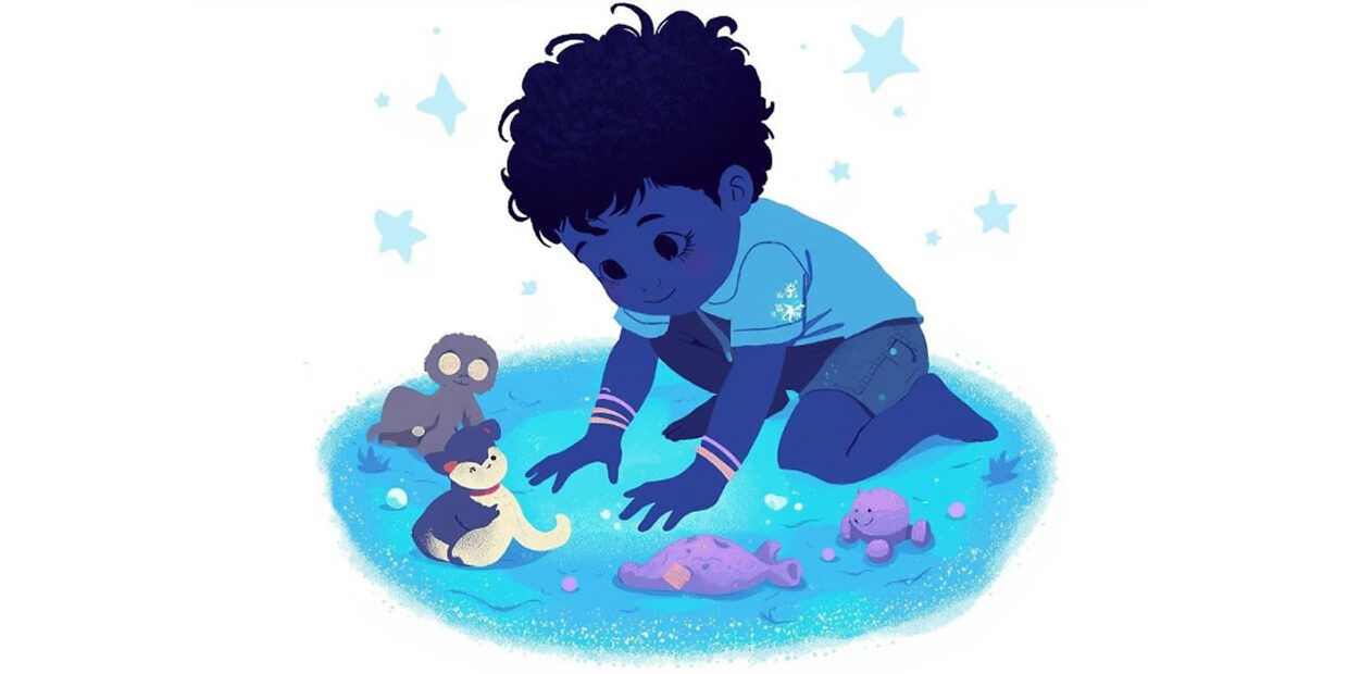 A child with curly hair kneels on the ground, playing with toy animals on a blue surface. Stars and small shapes are scattered around, creating a whimsical atmosphere.