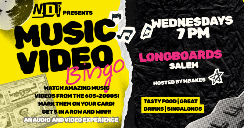 Promotional image for MUSIC VIDEO BINGO at LONGBOARDS in Salem, Wednesdays at 7 PM, hosted by Mbakes. Features bold text, music symbols, and mentions of food, drinks, singalongs on a textured background.