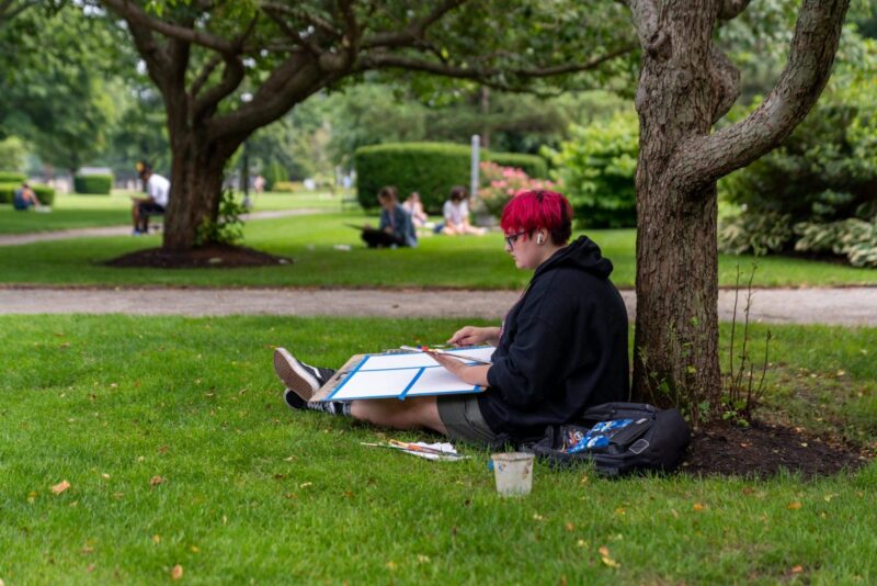 A person with red hair sits on grass under a tree, sketching or painting on a large pad. Art supplies and a backpack are nearby. Other people are scattered in the park, sitting or walking among green trees and bushes.