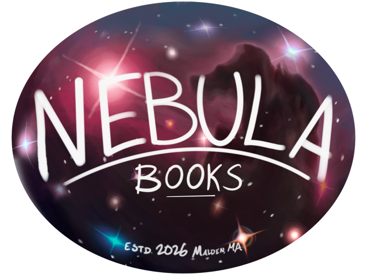 A circular logo features a space and stars background. Large white text reads "NEBULA BOOK SHOP" above smaller text that says "BOOKS." At the bottom, it reads "ESTD. 2026 MALDEN, MA" in smaller blue and white letters, perfect for a pop up event.