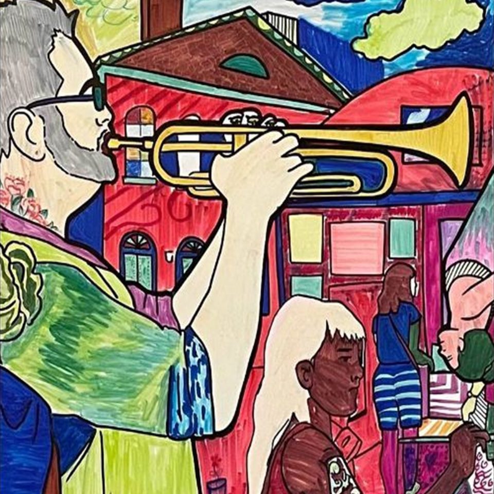 A colorful illustration of a man playing a trumpet, with a tattoo on his neck, in front of red buildings. Other people are present in the background, including a woman with white hair and a person in blue stripes.