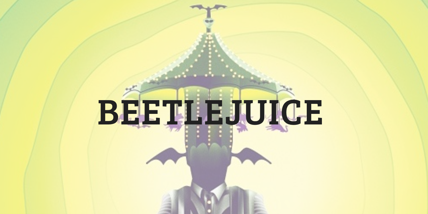 A stylized, green-tinted illustration of a striped-suit figure with a carnival tent hat and bat wings, featuring "BEETLEJUICE" in bold black letters—a perfect fit for Junior Actors Club or Beetlejuice Jr. junior acting classes.