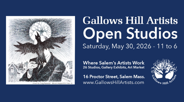 A promotional poster for Gallows Hill Artists Open Studios on May 30, 2026, from 11 to 6. Features event details, website, location, and striking artwork of an artist holding a crow in front of their face.