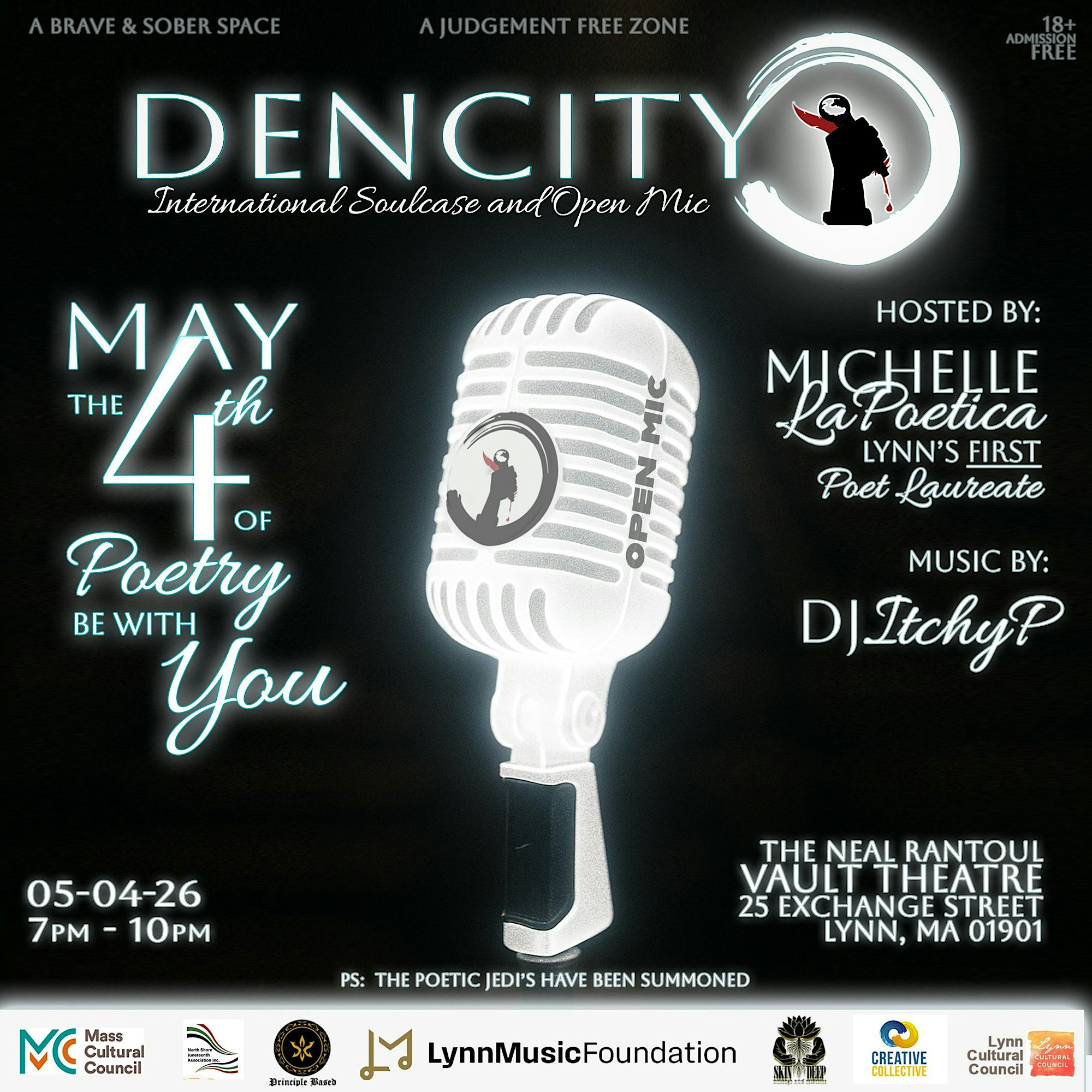A promotional poster for “Dencity: International SocaLase and Open Mic” on May 4th, 2026, 7–10pm, at The Neal Rantoul Vault Theatre in Lynn, MA. Features a large microphone and event details.