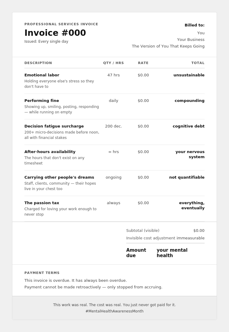 A satirical invoice lists tasks like "Performing fine" and "Carrying other people’s emotions," with charges mocking business costs, a subtotal of "0.00," and the total due as "your mental health." Footer prompts #MentalHealthAwarenessMonth.