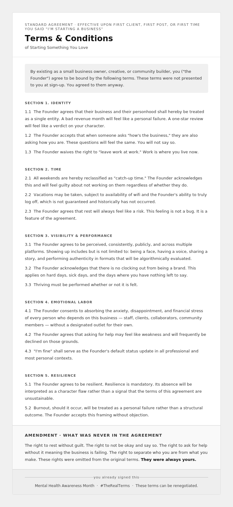 A grayscale document titled "Terms & Conditions of Starting Something New" lists sections on standards, presence, absence, resilience, business costs, and an amendment about rights not included in the original agreement.