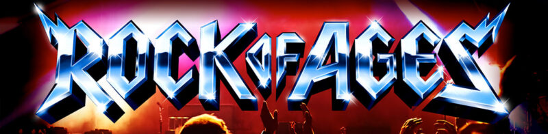 Logo for "Rock of Ages" in metallic, stylized letters with pointed edges. The background shows a crowd with raised hands, stage lights, and a red and purple color scheme.