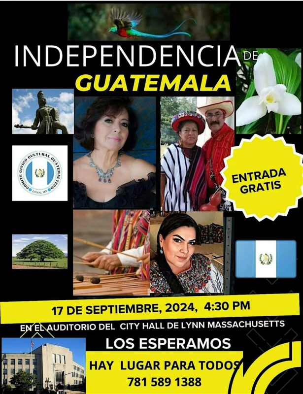 Event flyer for Guatemala’s Independence Day with photos of people, a bird, a statue, an orchid, an auditorium, and the Guatemalan flag. Event details and contact information included. Text states free entry.