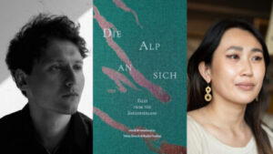 A black-and-white portrait of a man on the left, a book cover with the title “Die Alp an sich” in the center, and a color portrait of a woman on the right—echoing the vibrant spirit of CCE Nightlife.