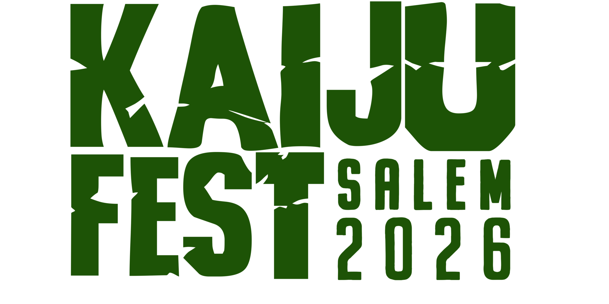 Bold green text reads “KAIJU FEST SALEM 2026” in a blocky, cracked font hinting at chaos worthy of Kaiju Fest 2026, all set against a clean white background.