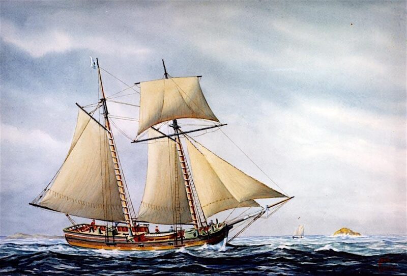 A painting of a two-masted sailing ship with tan sails traveling on the ocean under a cloudy sky. Several people are visible on deck. A small distant sailboat and an island appear on the horizon.
