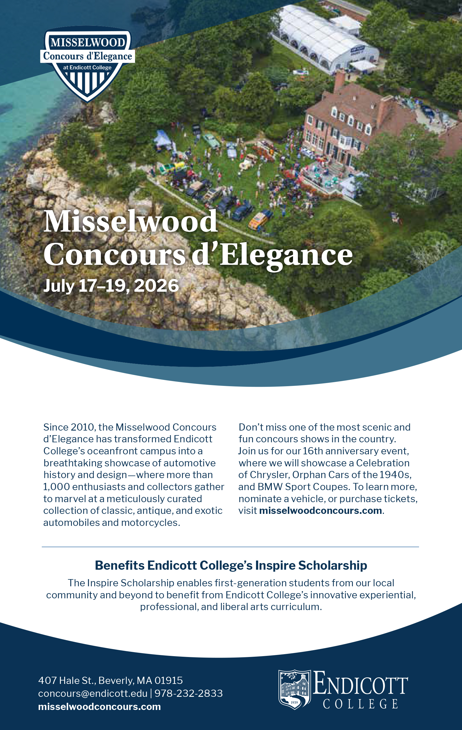 A promotional flyer for the Misselwood Concours d'Elegance 2026, featuring event details, a brief history, scholarship information, and contact info for Endicott College. The background includes a coastal estate and classic cars.