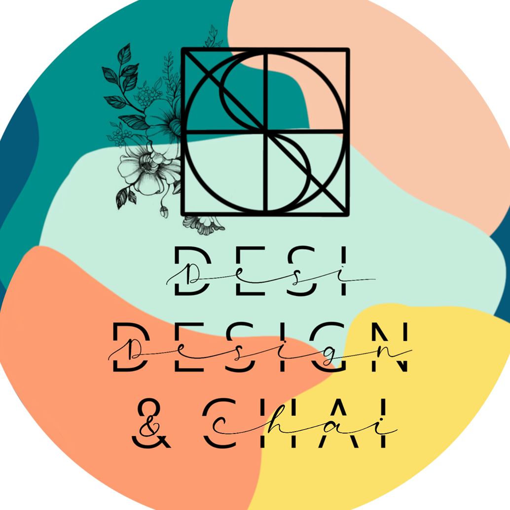 A circular logo with abstract shapes in teal, orange, yellow, and light blue, a geometric flower at the top, and “Desi Design & Chai” in stylized black fonts celebrates creativity and the warmth of chai culture.