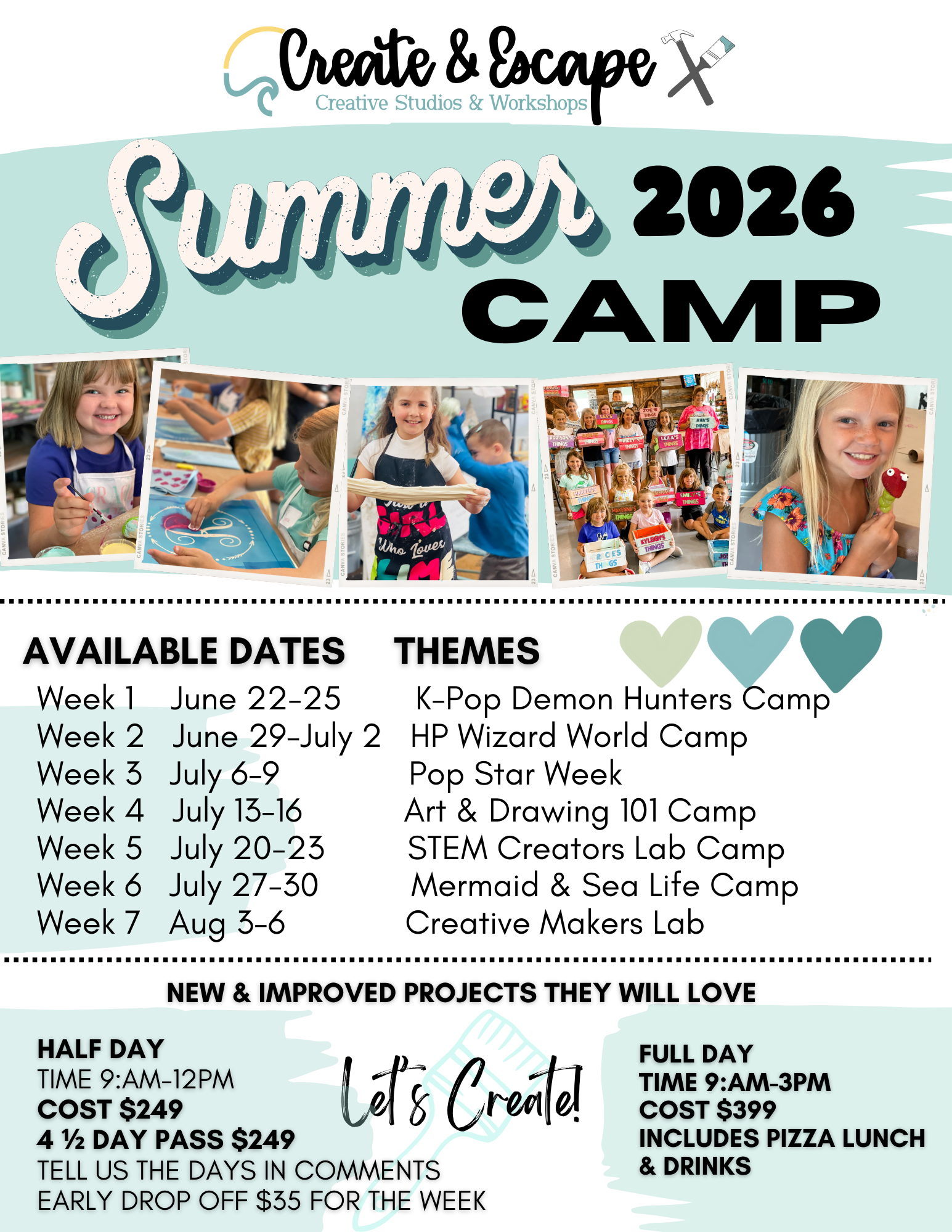 Flyer for "Summer 2026 Camp" by Create & Escape, listing camp dates, themes like K-Pop, STEM, Art, and pricing details for half and full days. Images show children participating in creative activities.