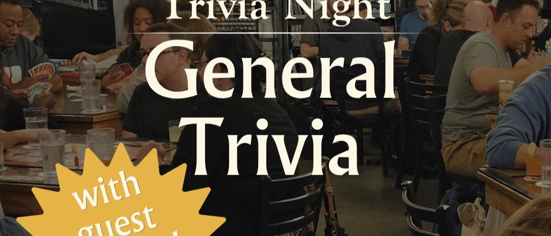 People sit at tables in a busy restaurant or bar playing trivia games. Overlaid text reads, "Trivia Night General Trivia with guest." Glasses, papers, and pens are visible on the tables.