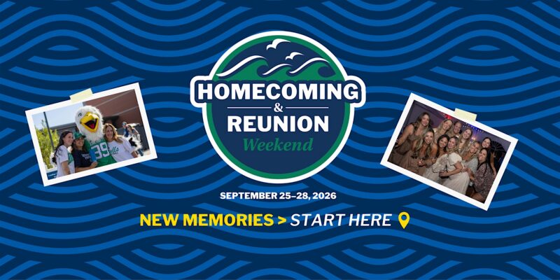 Graphic with a blue wavy background showing "Homecoming & Reunion Weekend, September 25-28, 2026." Includes two photos of groups of people posing and the phrase "New memories > Start here" with a location pin icon.