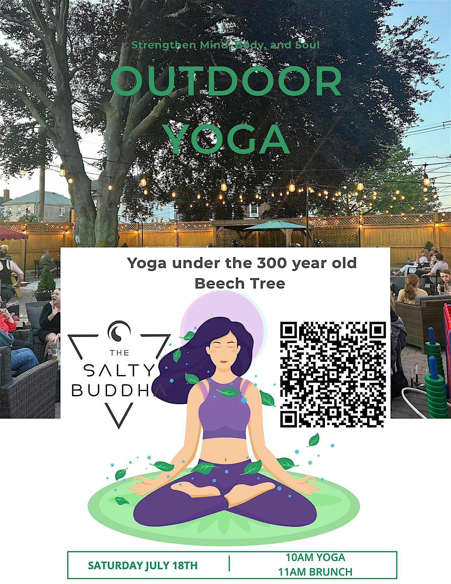 Outdoor yoga event poster featuring a woman meditating, details about yoga under a 300-year-old beech tree, QR code, The Salty Buddha logo, and a background photo of people seated in a courtyard with string lights.