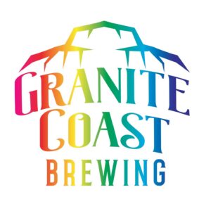 Logo for Granite Coast Brewing featuring the company name in a rainbow gradient, with stylized mountain peaks above the text on a white background—perfect for representing Essex County's vibrant CCE Nightlife.
