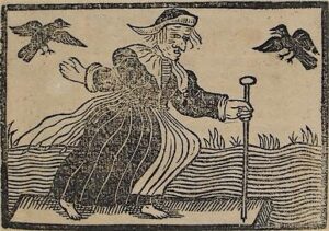 A black-and-white woodcut illustration depicts an elderly woman in Essex County with a hat, holding a cane, walking on water as birds fly nearby. She wears a long, striped dress and has a serious expression, capturing the quiet mystery of Sevenings.