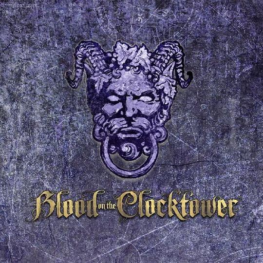 A textured background with a purple illustration of a horned, bearded face holding a ring in its mouth. Below, gold text reads “Blood on the Clocktower.”.