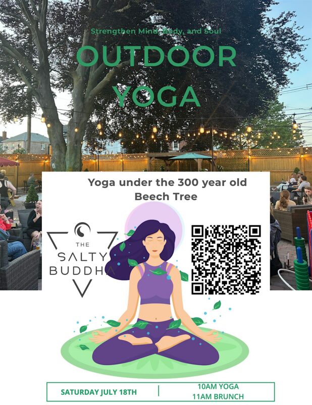 People sit outside at tables under string lights and a large tree. An illustrated flyer overlays the image, advertising “Outdoor Yoga” with The Salty Buddha, featuring a woman meditating and event details.