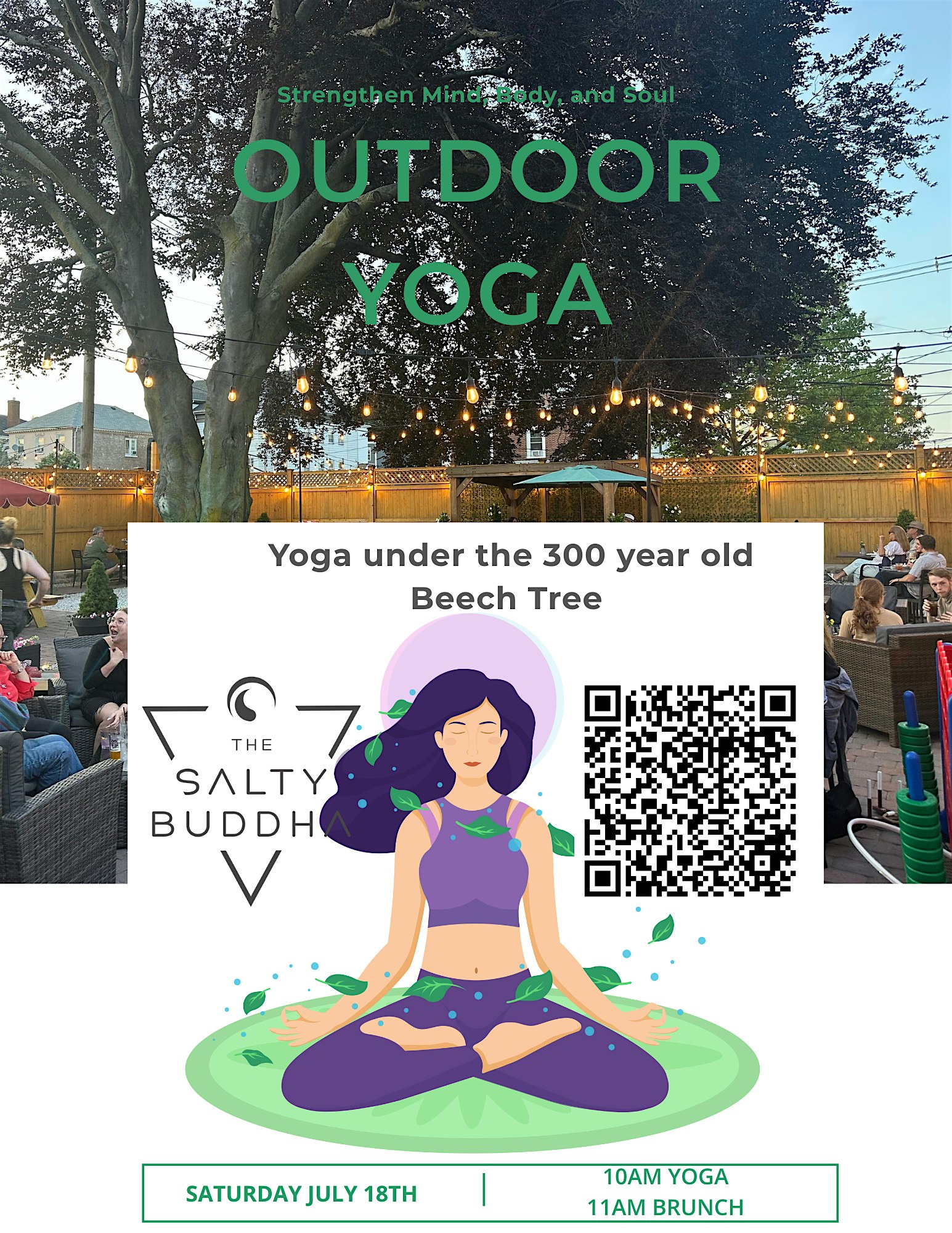 People sit outside at tables under string lights and a large tree. An illustrated flyer overlays the image, advertising “Outdoor Yoga” with The Salty Buddha, featuring a woman meditating and event details.