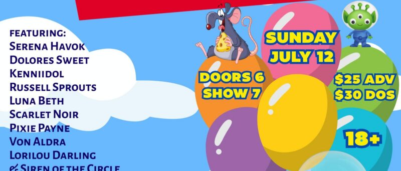 A colorful event flyer features balloons, a cartoon rat holding cheese, a green alien, and PiXXXar-inspired burlesque details including date, time, ticket prices, age restriction, and performers on a blue sky with clouds.