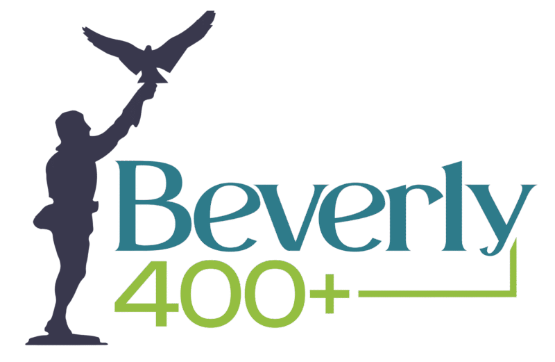 A silhouette of a person holding up a bird, positioned to the left of the text "Beverly 400+" in teal and green lettering, symbolizes the Mayor’s Reception celebration.