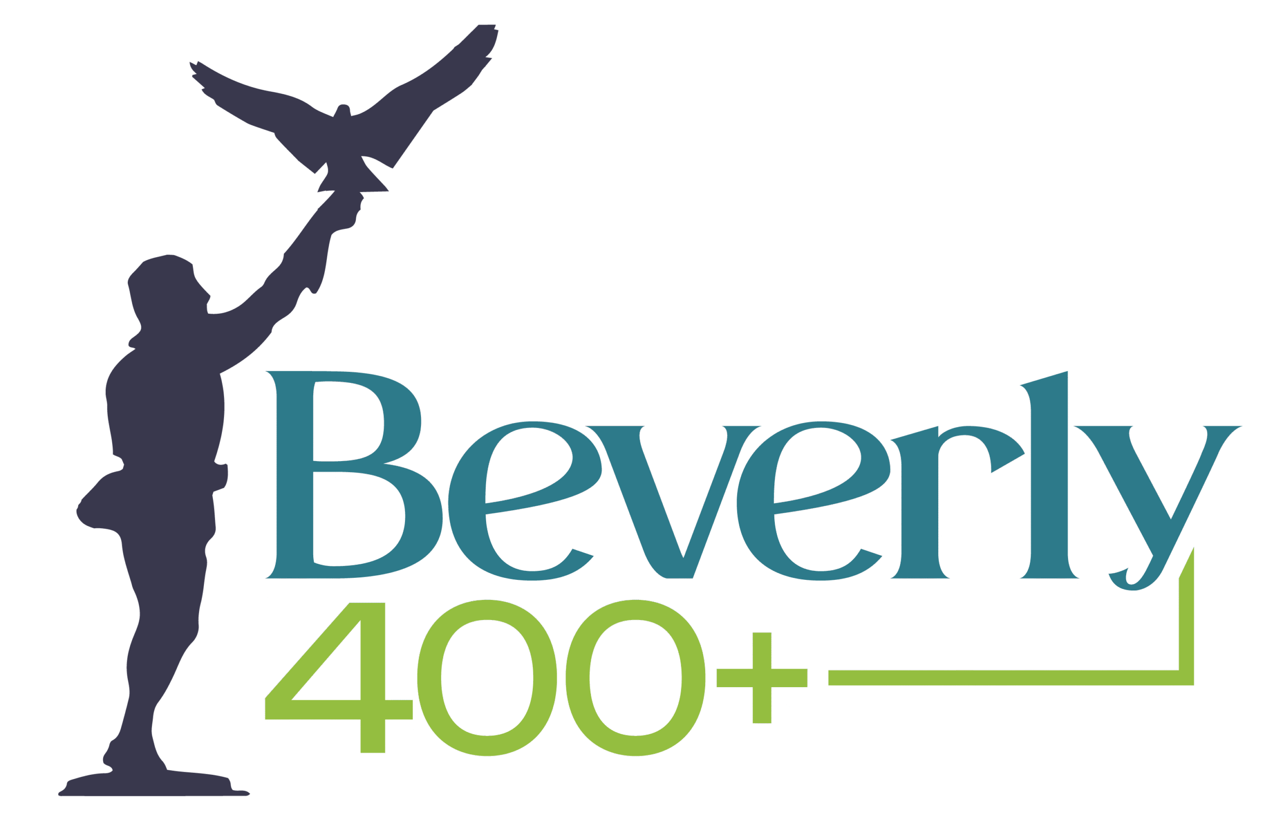 A silhouette of a person holding up a bird, positioned to the left of the text "Beverly 400+" in teal and green lettering, symbolizes the Mayor’s Reception celebration.