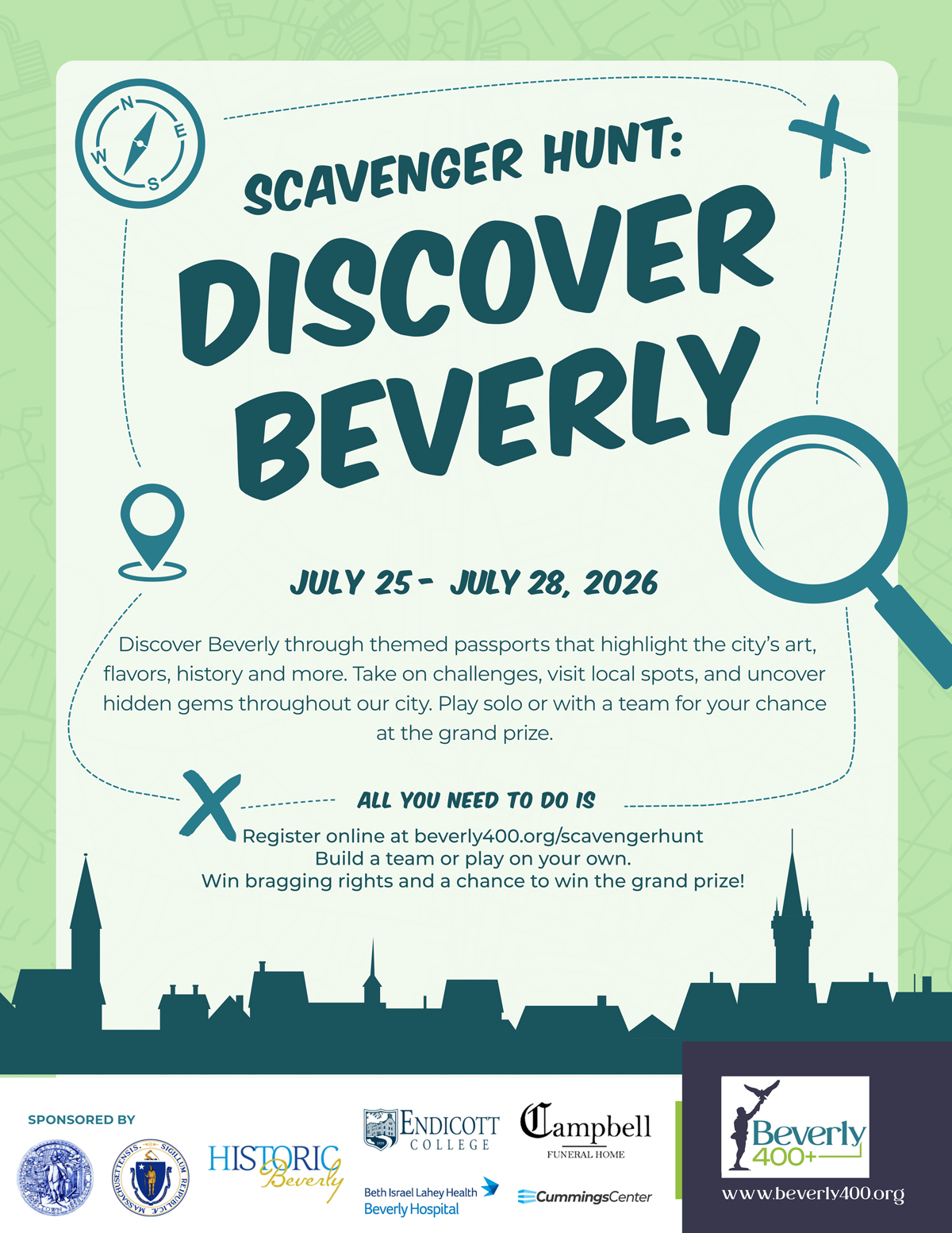 A promotional poster for a scavenger hunt event titled "Discover Beverly," held from July 25 to July 28, 2026, encouraging participants to find landmarks for prizes. Logos of sponsors and event website are shown at the bottom.