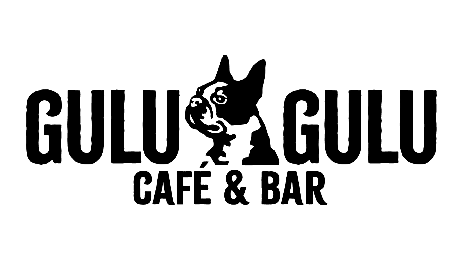 Logo for Gulu-Gulu Cafe & Bar featuring bold black text and a stylized image of a French bulldog’s face between the words "Gulu Gulu" on a white background.