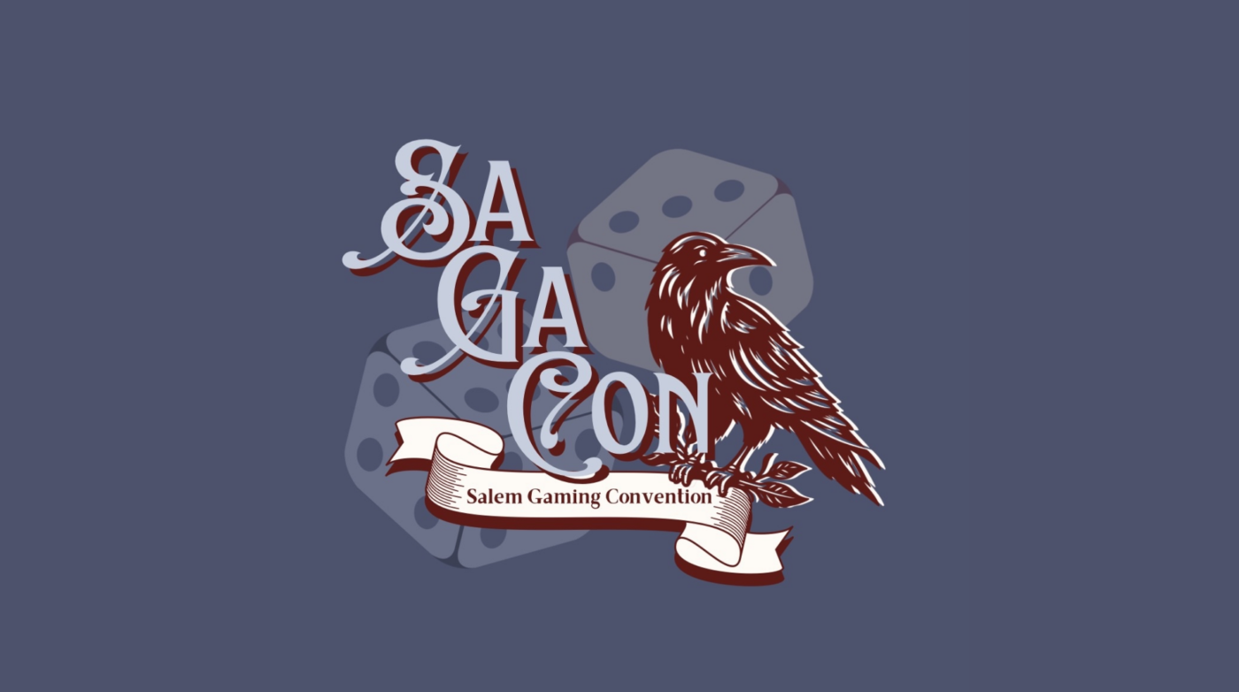 A stylized logo for SaGaCon, the Salem Gaming Convention, featuring two large dice, an illustrated raven, and a banner with the event name on a solid gray background—perfect for fans of the Salem Game Guild.