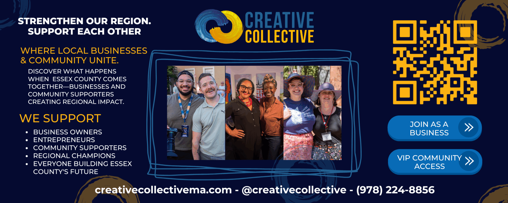 A group of six people smiles for a photo at an outdoor event in Essex County. The image promotes Creative Collective and CCE Nightlife, highlighting support for local businesses and community with a QR code on a blue and yellow background.