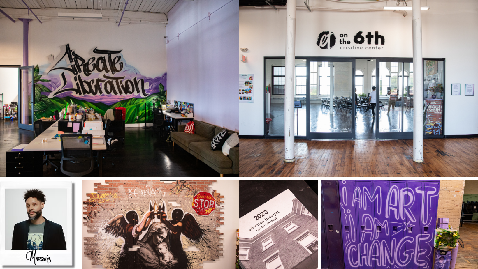A collage features an art-focused coworking space: open office with a "Create Liberation" mural that declares creativity is liberation, entrance labeled "on the 6th," a bold portrait, angel mural with "STOP," art calendar, and text art: "I AM ART I AM CHANGE.