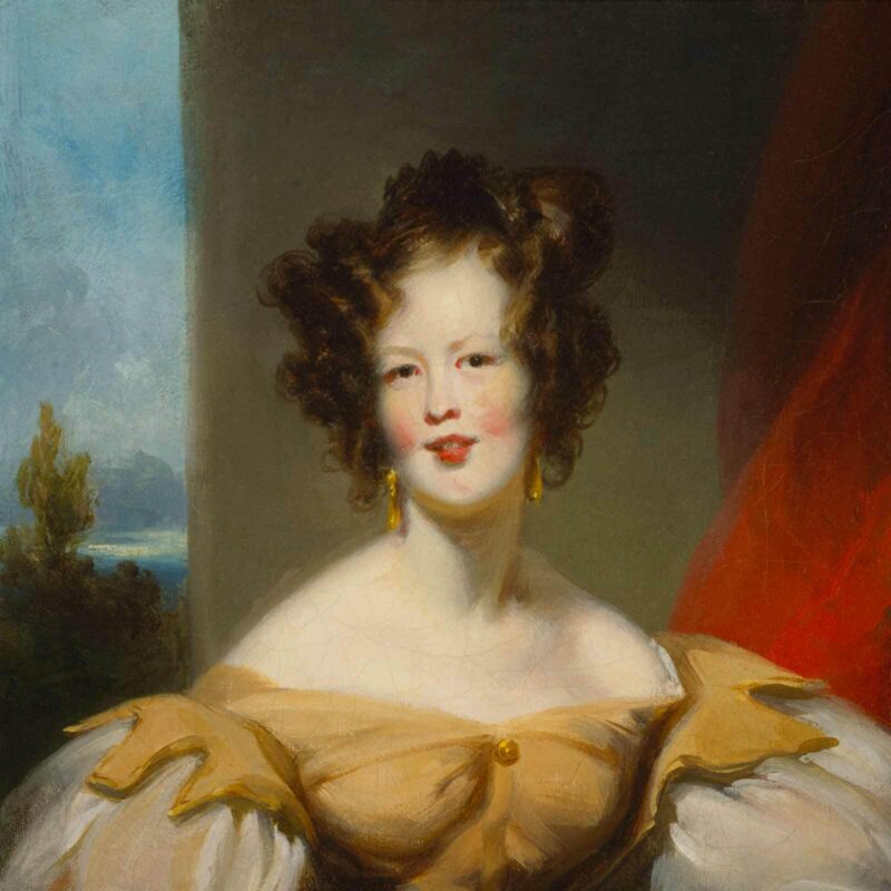 A painted portrait of Harriet Low, a woman with curly brown hair wearing gold earrings and an off-the-shoulder beige dress, posed against a landscape background with blue sky and red drapery, evokes the elegance of Salem’s artistic heritage.