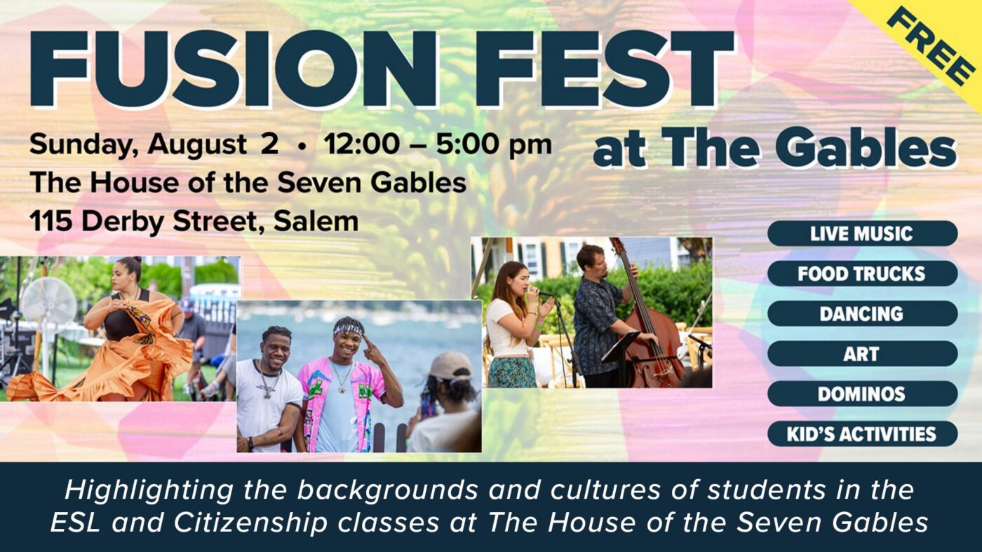 Event flyer for Fusion Fest at The Gables on Sunday, August 2, from 12–5 pm at 115 Derby Street, Salem. The flyer features event details, activity highlights, and photos of performers and attendees.