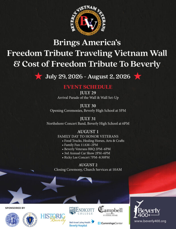 Event poster for Beverly Vietnam Veterans' Freedom Tribute Traveling Vietnam Wall & Cost of Freedom Tribute, listing schedule for July 29–August 2, 2026, with activities, sponsors, and website at the bottom.