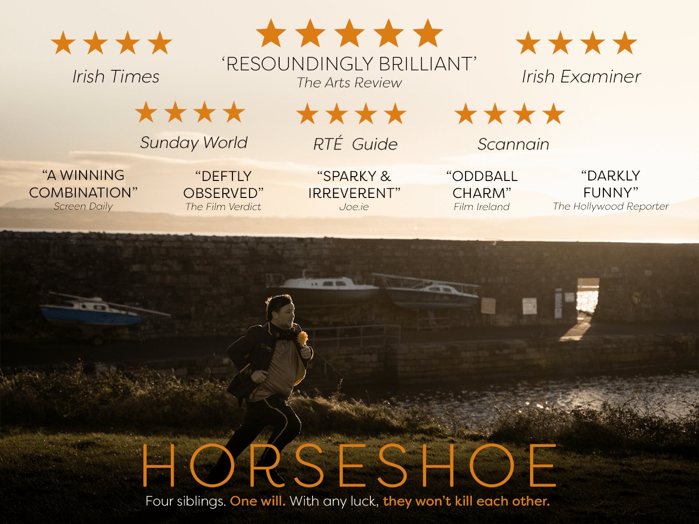 A child runs along a grassy path near a stone wall and body of water at sunset. The text above includes critical praise and star ratings for the film "Horseshoe," with a tagline about four siblings.