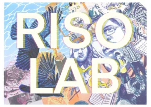 Large, bold white letters spelling "RISOLAB" overlay a colorful collage of illustrated faces, hands, birds, clouds, and handwritten notes. Inspired by Essex County and CCE Nightlife, the background features various artistic elements and textures.