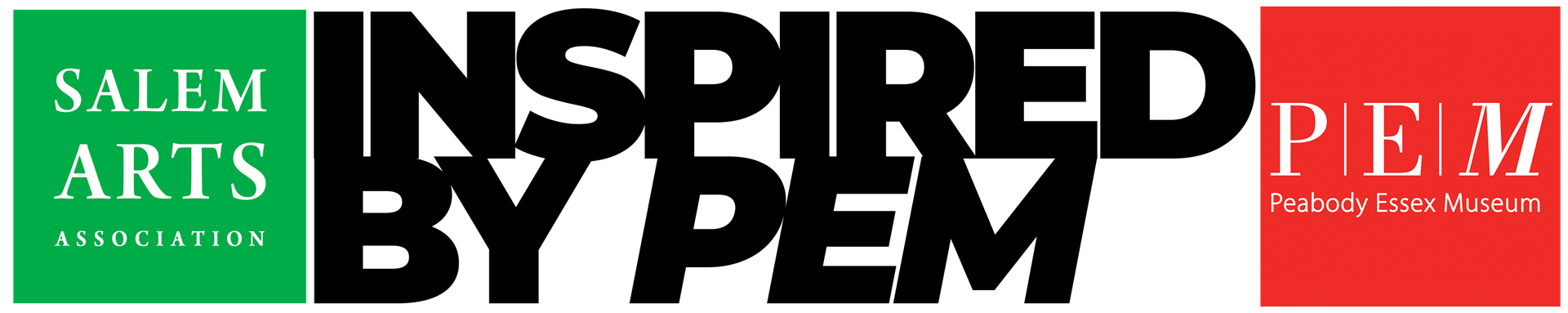 A banner with "Inspired by PEM" in large black letters. On the left, a green box reads "Salem Arts Association." On the right, a red box reads "PEM Peabody Essex Museum.