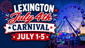 A large sign reads "Lexington July 4th Carnival July 1-5" with fireworks in the background. To the right, a brightly lit ferris wheel glows at dusk, capturing the lively CCE Nightlife as people stroll below in Essex County’s festive Sevenings.