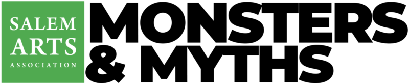 A logo with a green square on the left containing the white text "Salem Arts Association" and bold black text on the right that reads "Monsters & Myths.