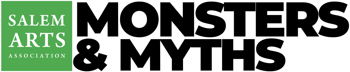 A rectangular logo with a green box on the left reading "Salem Arts Association" in white text, and large black text on the right reading "Monsters & Myths.
