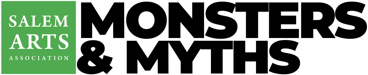 A green square on the left with "Salem Arts Association" in white text. Next to it, large bold black letters read "Monsters & Myths" on a white background.